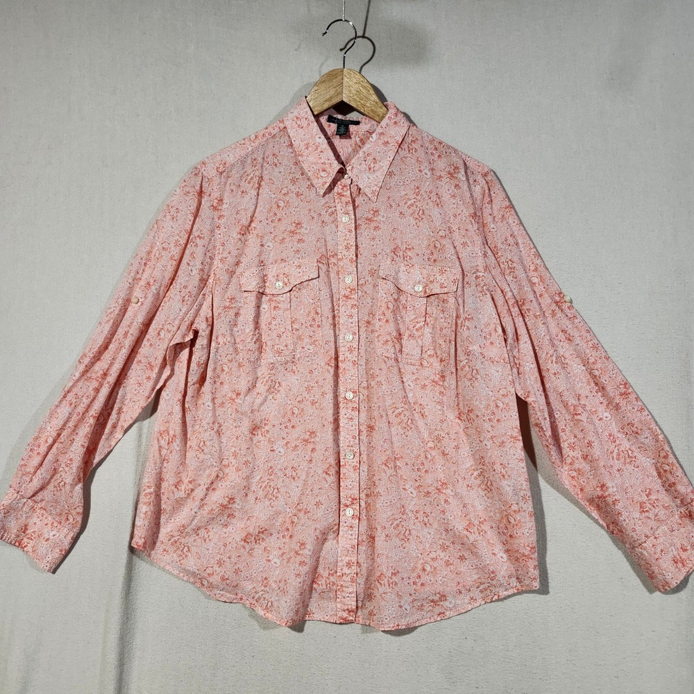 Lauren Ralph Lauren Peach Floral Cotton Roll-Tab Button Down Shirt Women 1X